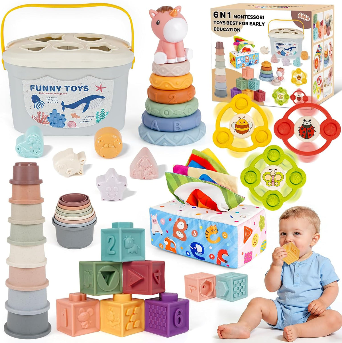 Juguetes Montessori para bebés de 6 a 12 a 18 meses, 6 en 1, juguete
