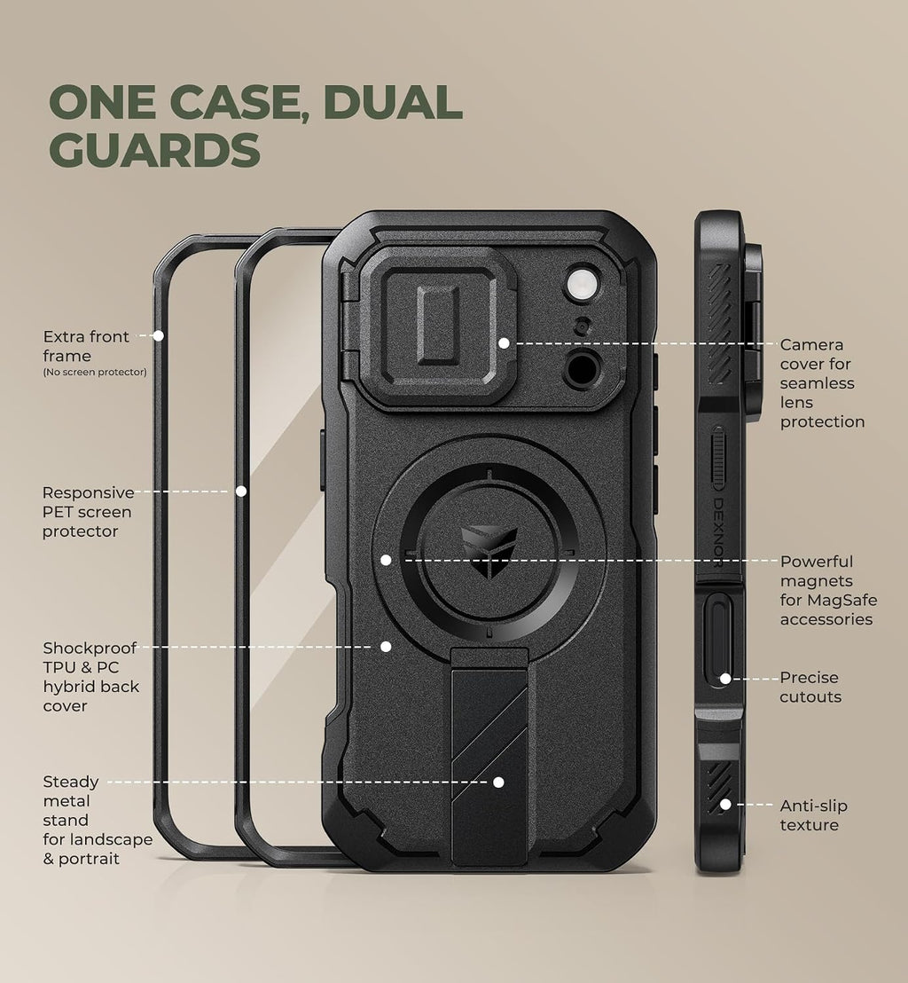 Dexnor Funda para teléfono Pro 2026/2025, [2 marcos frontales, cubierta de cámara abatible integrada y soporte de soporte], compatible con MagSafe, funda resistente a prueba de golpes con protector de