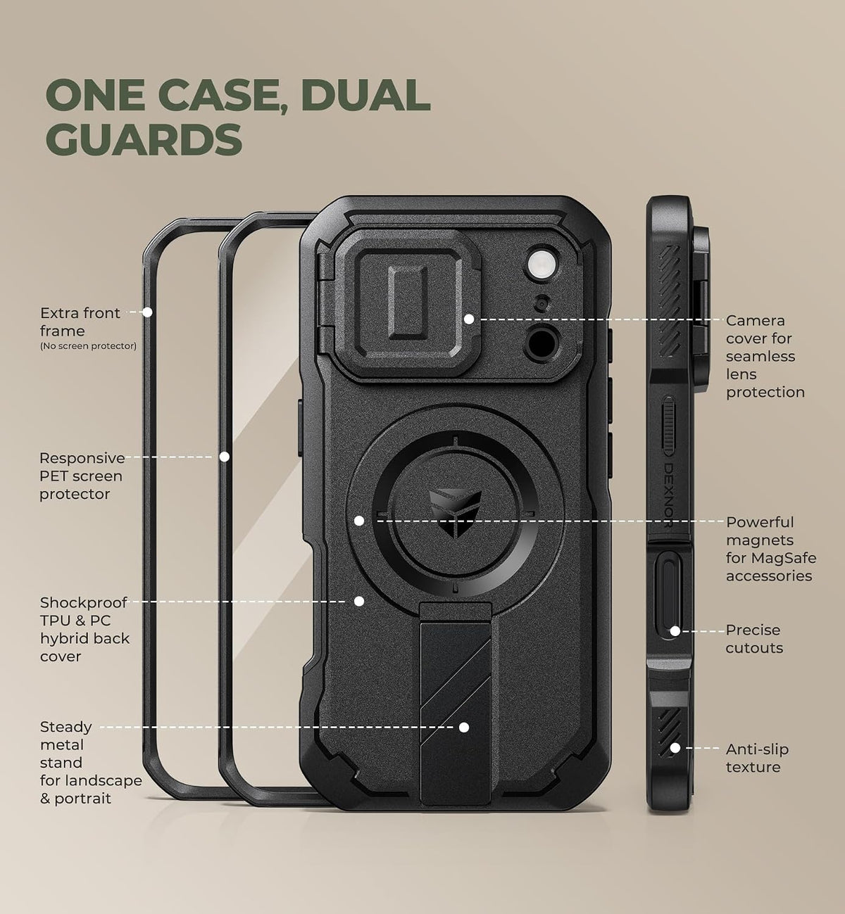 Dexnor Funda para teléfono Pro 2026/2025, [2 marcos frontales, cubierta de cámara abatible integrada y soporte de soporte], compatible con MagSafe, funda resistente a prueba de golpes con protector de