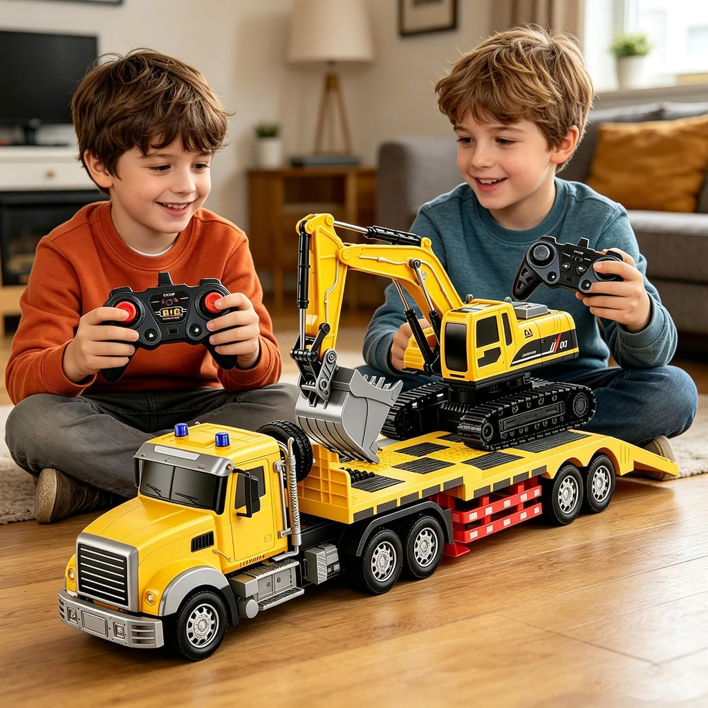 Semirremolque RC con juego de juguetes de excavadora, tractor de ingeniería de semirremolque RC de 24 pulgadas con excavadora, camión 1:24 con luces LED y música, gran regalo para niños y niñas