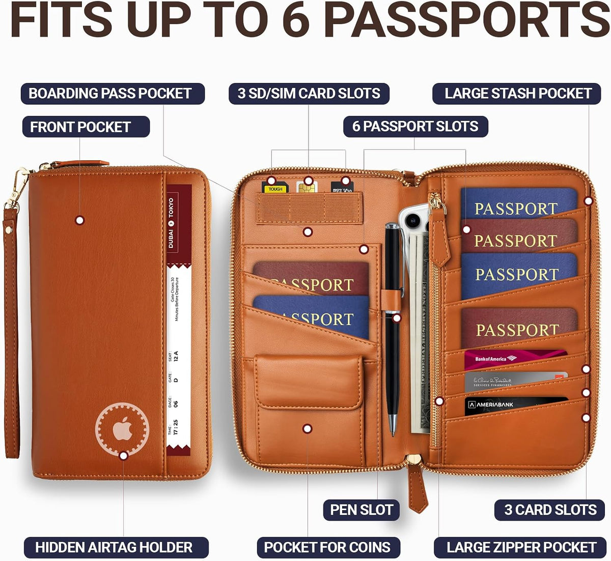 Porta Pasaporte Familiar Soporte para pasaporte familiar con AirTag RFID Cartera de viaje de cuero para mujer con cremallera múltiple organizador de documentos de viaje para 4 6 pasaporte