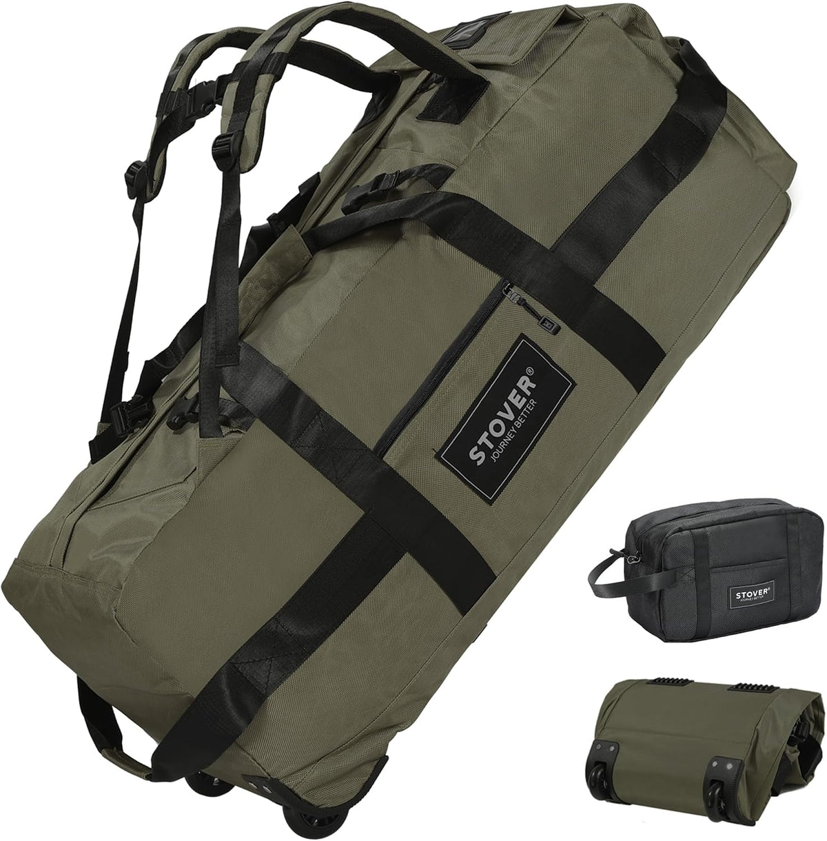 45/80/100/120L Bolsa de lona con ruedas, bolsa de viaje extra grande duradera + bolsa de aseo personal, resistente, plegable con correas para el hombro, uso como equipaje o mochila