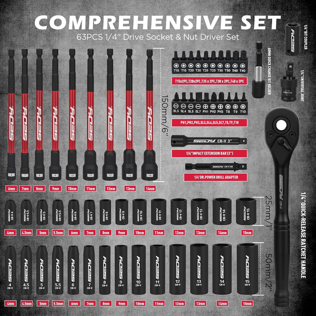 Juego de 63 piezas de enchufes métricos de 1/4" de vástago hexagonal y juego de llaves de tuercas, juego de enchufes estándar y profundos de impacto (4-15mm), llaves de tuerca magnéticas de 1/4" de