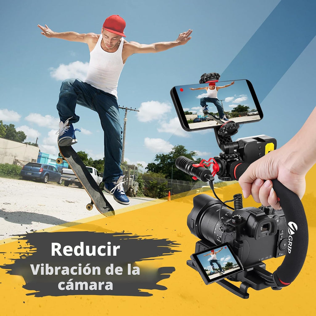 Zeadio Estabilizador de mano de video, kit de agarre de mango de cámara todo en uno con luz de video LED regulable, micrófono, soporte para teléfono, adaptador de cámara de acción para cine, vlogging, YouTube, TikTok, etc