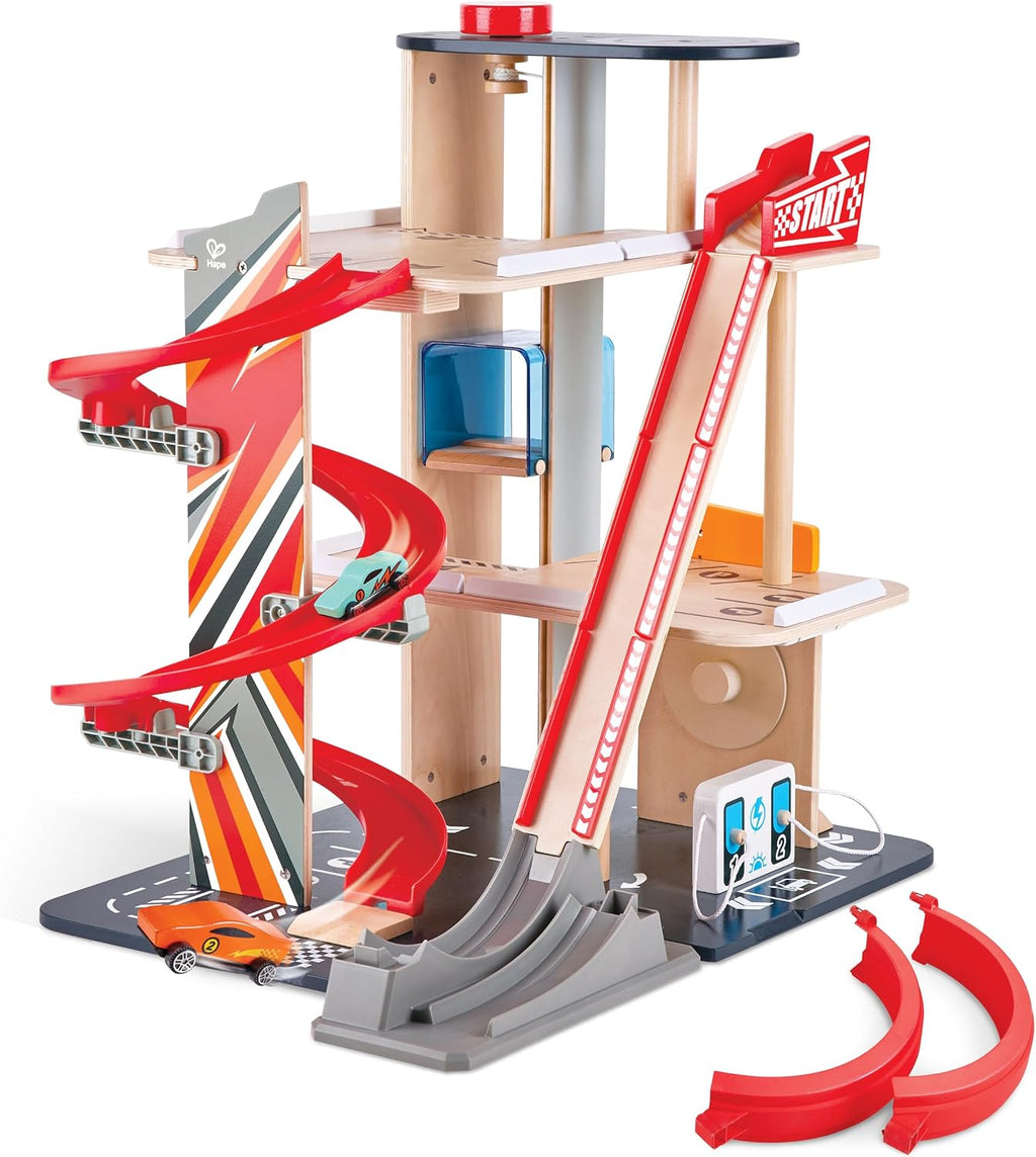 Hape Gearhead Stunt Garage - Juego de Garaje de Estacionamiento de Autos de Juguete de Madera para Niños con Ascensor y 2 Pistas de Salida, Bucle Desmontable, Incluye 2 Autos de Carreras de Juguete de