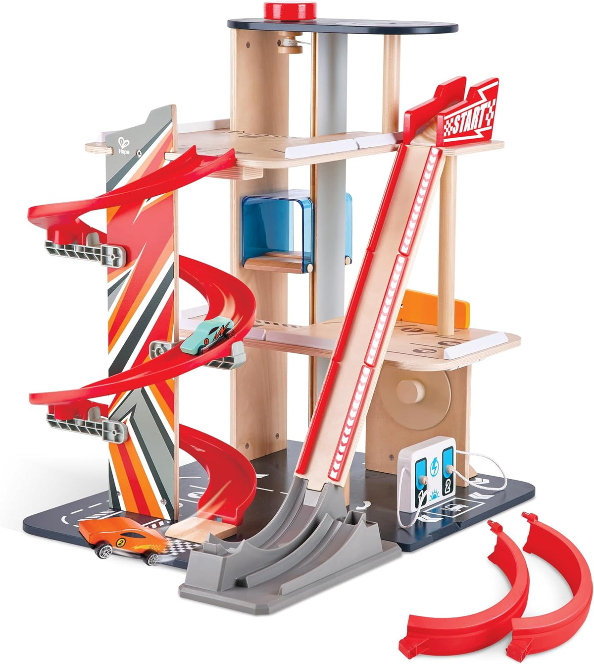 Hape Gearhead Stunt Garage - Juego de Garaje de Estacionamiento de Autos de Juguete de Madera para Niños con Ascensor y 2 Pistas de Salida, Bucle Desmontable, Incluye 2 Autos de Carreras de Juguete de