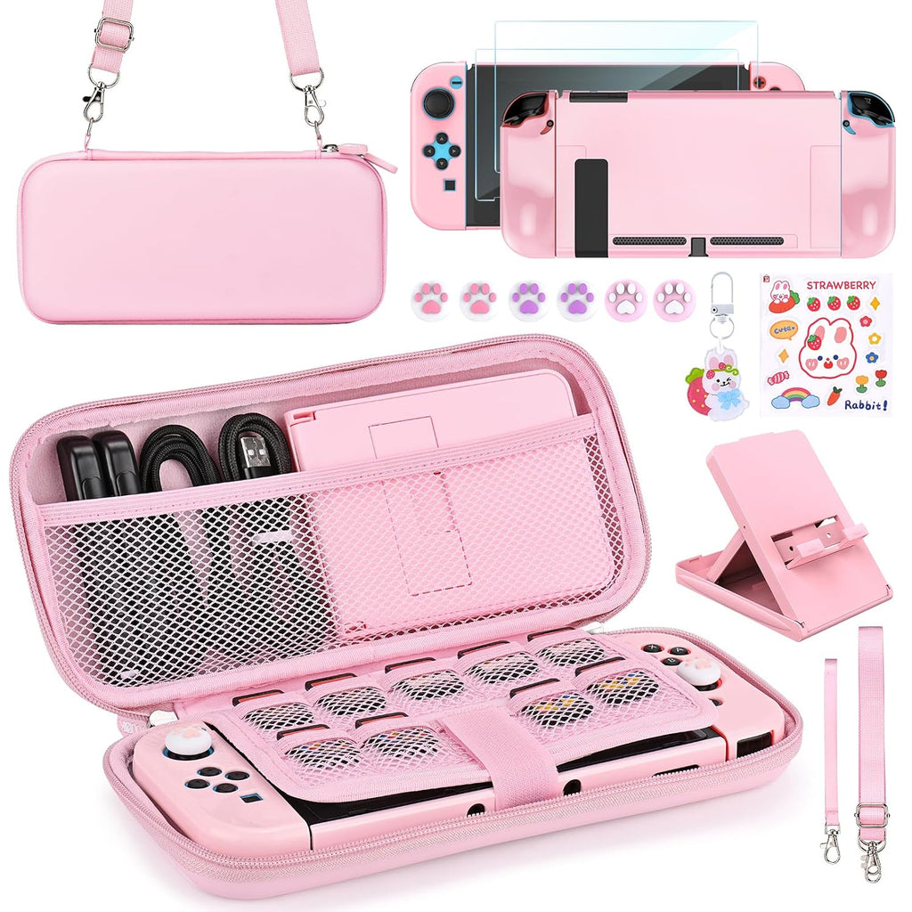 Younik Accesorios Bundle para Switch, Kit de 17 en 1 en Rosa para Niñas, Incluye estuche de transporte para Switch, soporte ajustable, estuche protector para consola Switch y J-Con Rosa