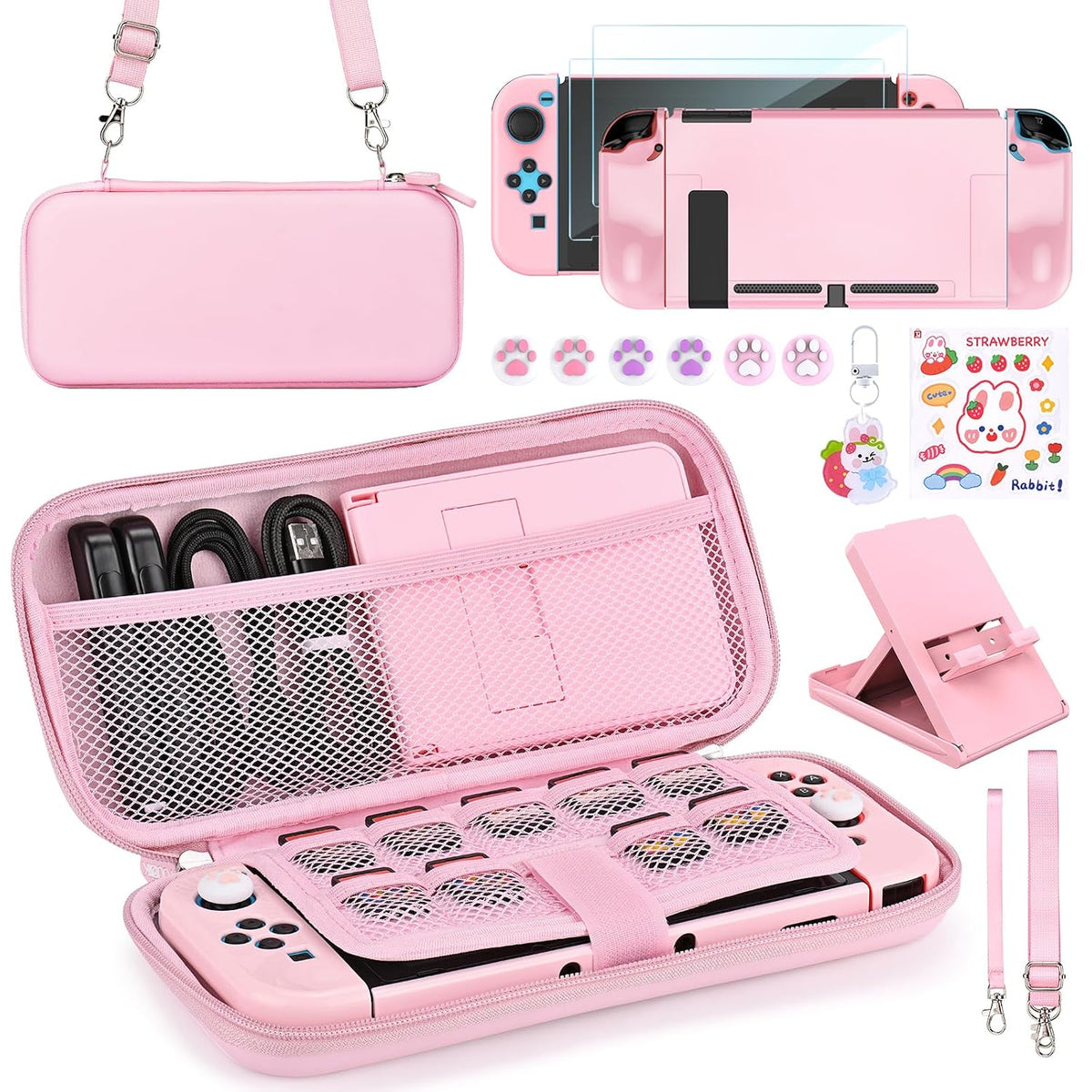 Younik Accesorios Bundle para Switch, Kit de 17 en 1 en Rosa para Niñas, Incluye estuche de transporte para Switch, soporte ajustable, estuche protector para consola Switch y J-Con Rosa
