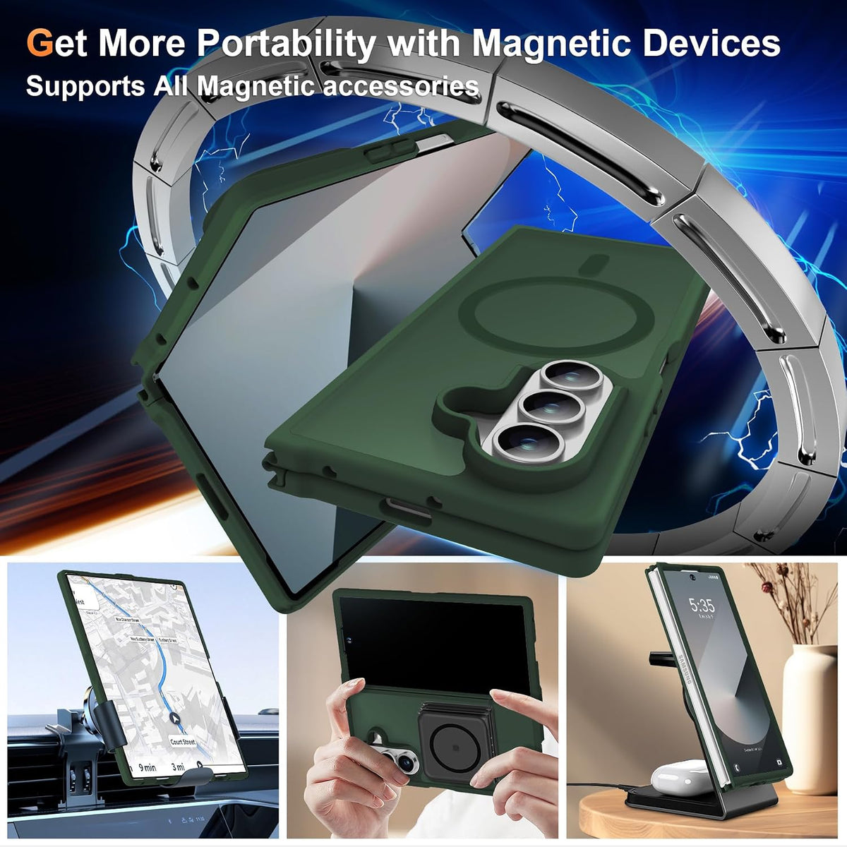 ORETECH Magnético para Samsung Galaxy Z Fold 7 Funda, Protector Translúcido Antideslizante PC Rígido Amortiguador para Samsung Z Fold 7 - Verde
