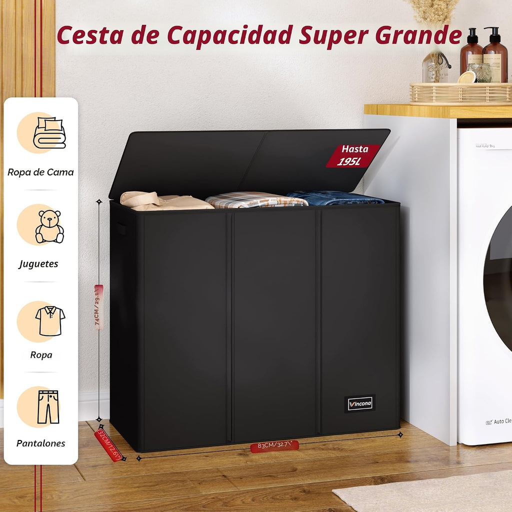 Cesta de lavandería de 3 secciones de 195 litros, cesta grande para la ropa sucia con 3 bolsas interiores, cesta organizadora plegable para lavandería, dormitorio, cesta clasificadora de lavandería, 3 compartimentos