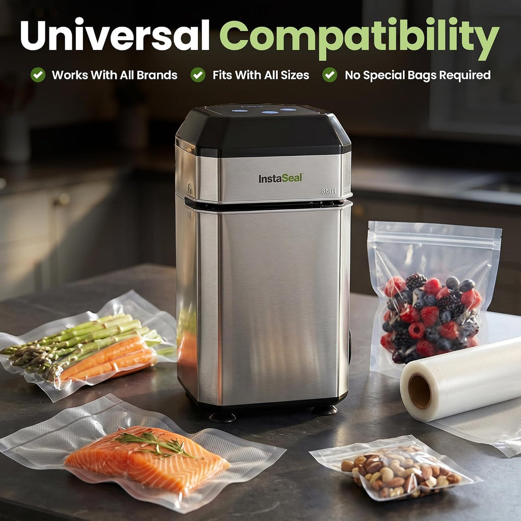 Sellador al vacío InstaSeal para alimentos con 12 bolsas, conserva los alimentos 5 veces más tiempo, diseño vertical compacto que ahorra espacio que permite que la máquina selle con calor adobos