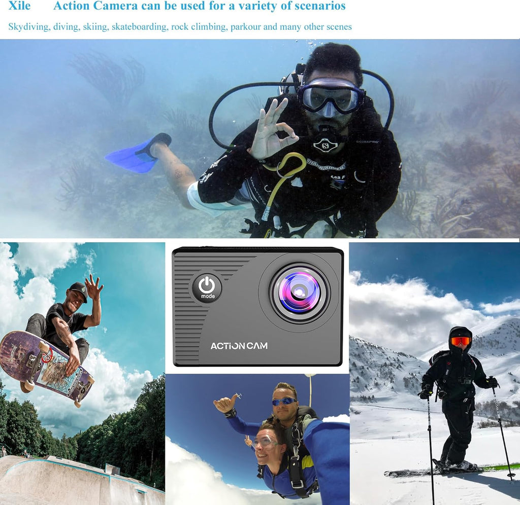Xilecam Cámara de acción 1080P Cámara deportiva Tarjeta de memoria Cámara de acción 4xZoom 131ft Subacuático Impermeable con 2 X Baterías y Accesorio Multifunción (X2R)