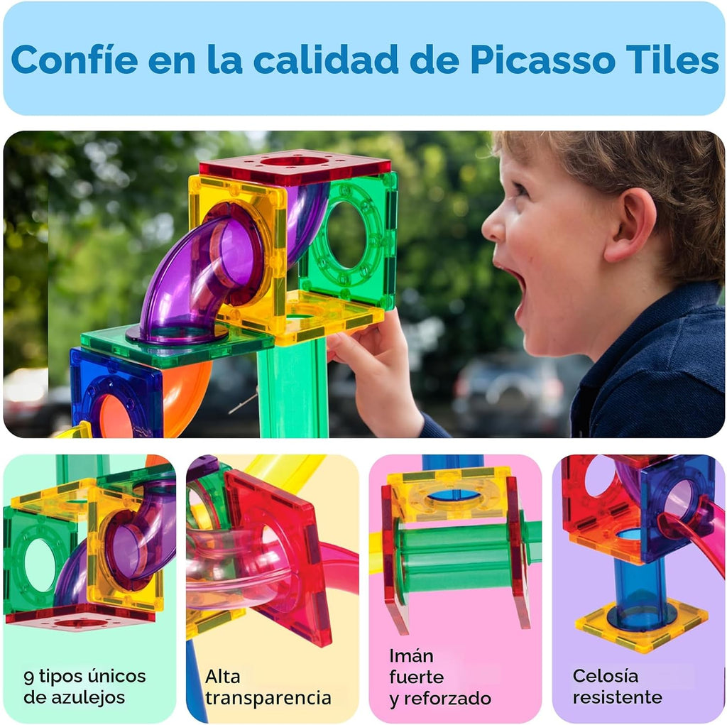 PicassoTiles 100 Piece Marble Run Magnetic Tiles Race Track STEM Ages 3+