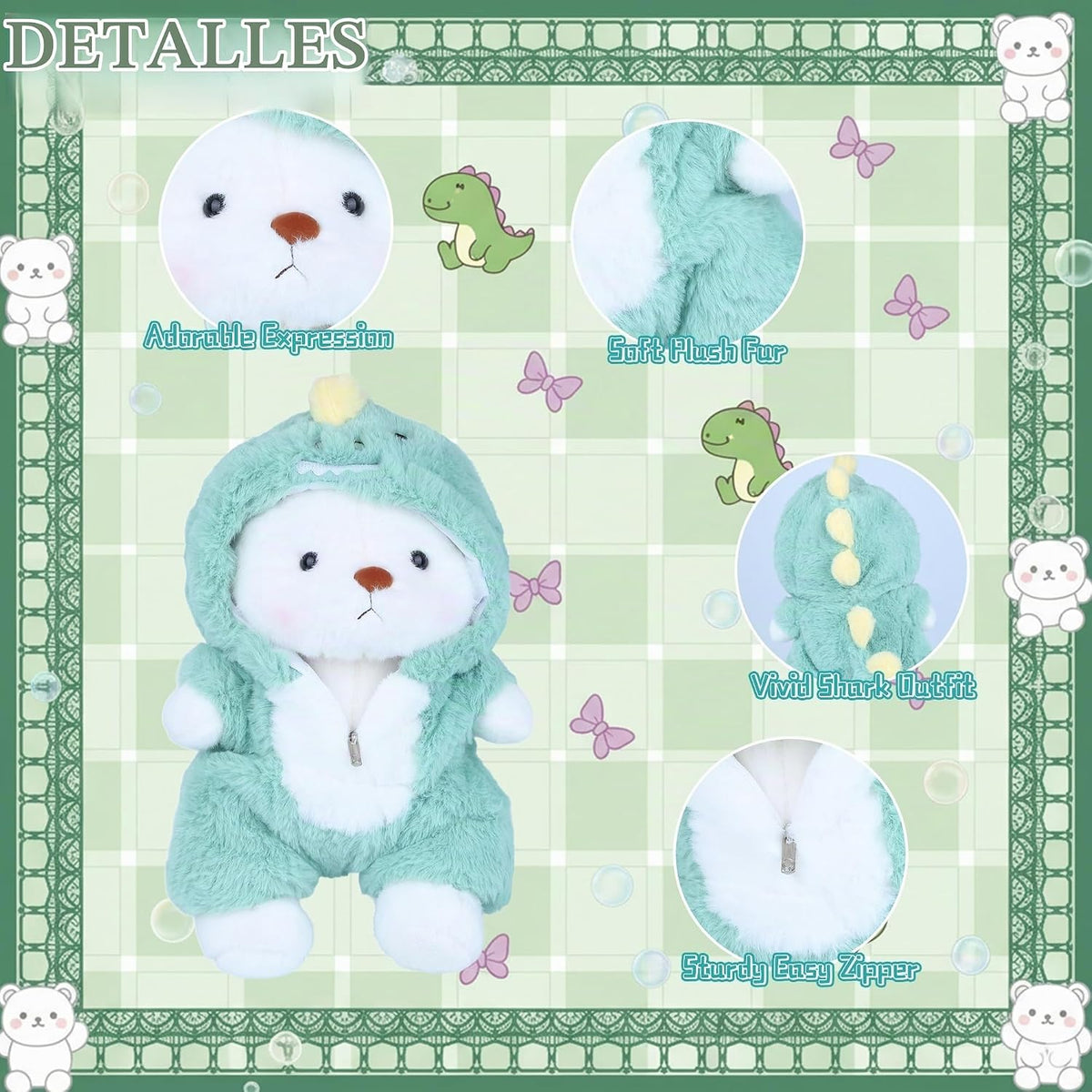 Animal de Peluche Oso Teddy, Juguetes de Peluche Oso Teddy con Capucha Removible Patas Movibles, 13'' Suave Lindo Apoyo Emocional Peluches Rellenos con Ropa de Dinosaurio Regalos para Niñas Niños