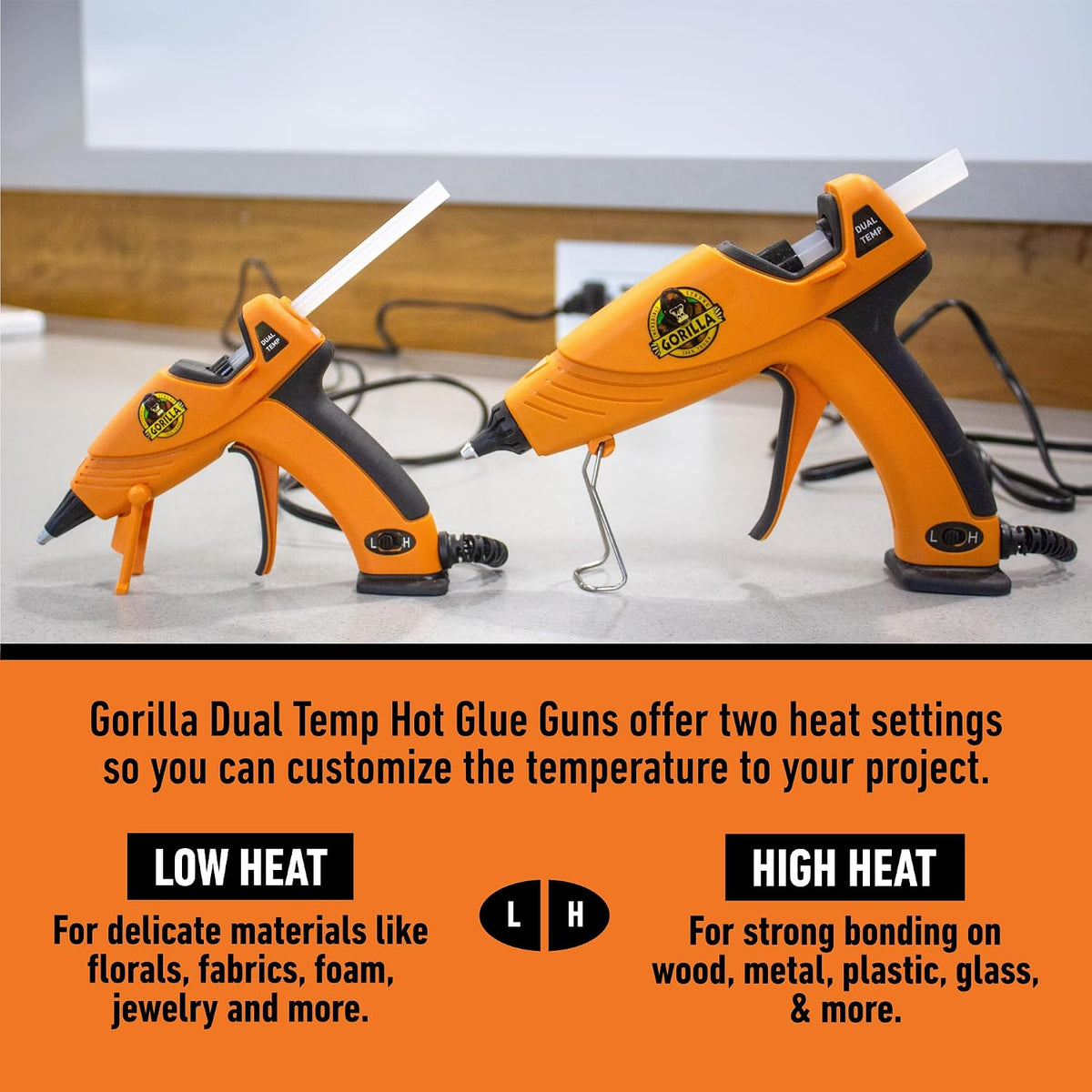 Kit de pistola de pegamento caliente mini Gorilla (paquete de 1 pistola de pegamento caliente mini y 75 barras) - Doble temperatura, boquilla de precisión y gatillo de fácil presión
