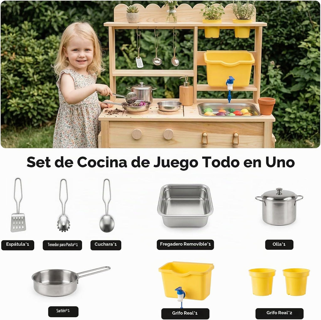 Cocina de barro de madera para niños con grifo de trabajo y fregadero