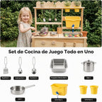 Cocina de barro de madera para niños con grifo de trabajo y fregadero
