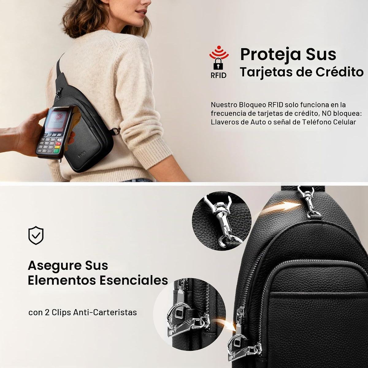 befen Bolsos cruzados pequeños antirrobo de cuero genuino negro para las