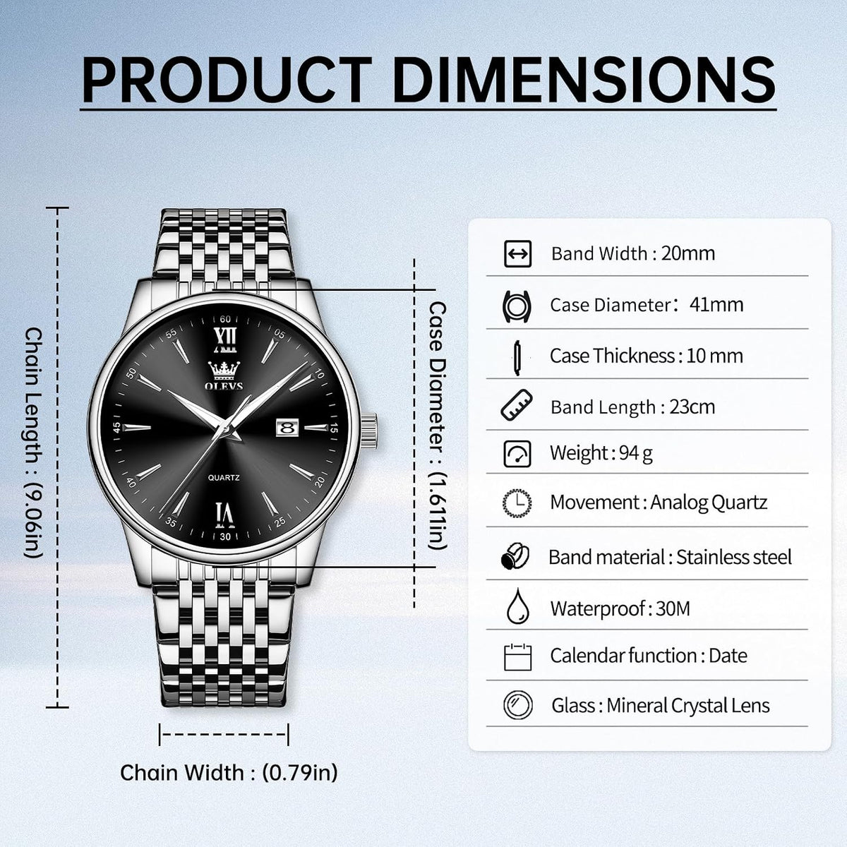 OLEVS Relojes para hombre de lujo de acero inoxidable 30M impermeable