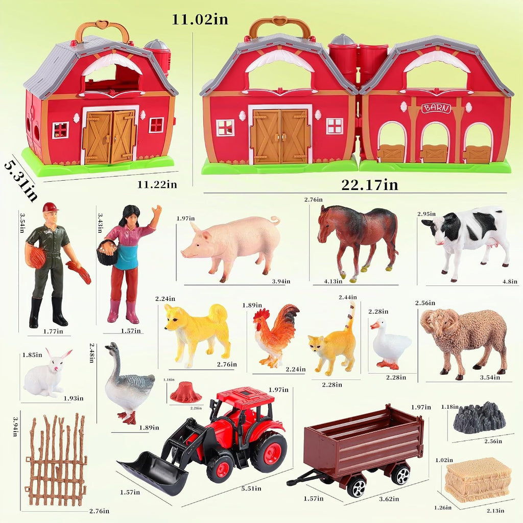 EnAuRoL Red Barn - Juguetes de animales de granja, 28 figuras de animales y tractor de granja, juguetes educativos de aprendizaje para niños pequeños y niños de 3, 4, 5 años, regalo de festival de cumpleaños