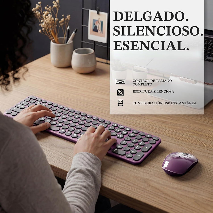 UBOTIE Combo de teclado y mouse inalámbricos, 110 teclas redondas r...