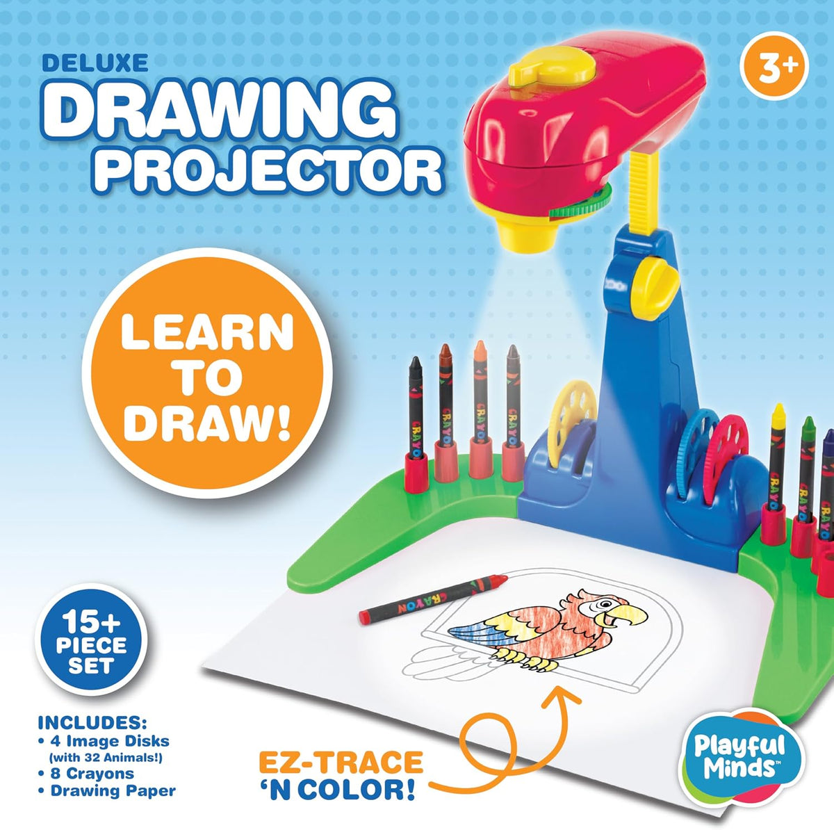 Proyector de dibujo para niños de 3 años en adelante, el kit de proyector de rastreo preescolar incluye 32 dibujos de animales en 4 discos resistentes, 8 crayones y 1 bloc de papel de dibujo para un divertido aprendizaje basado en juegos