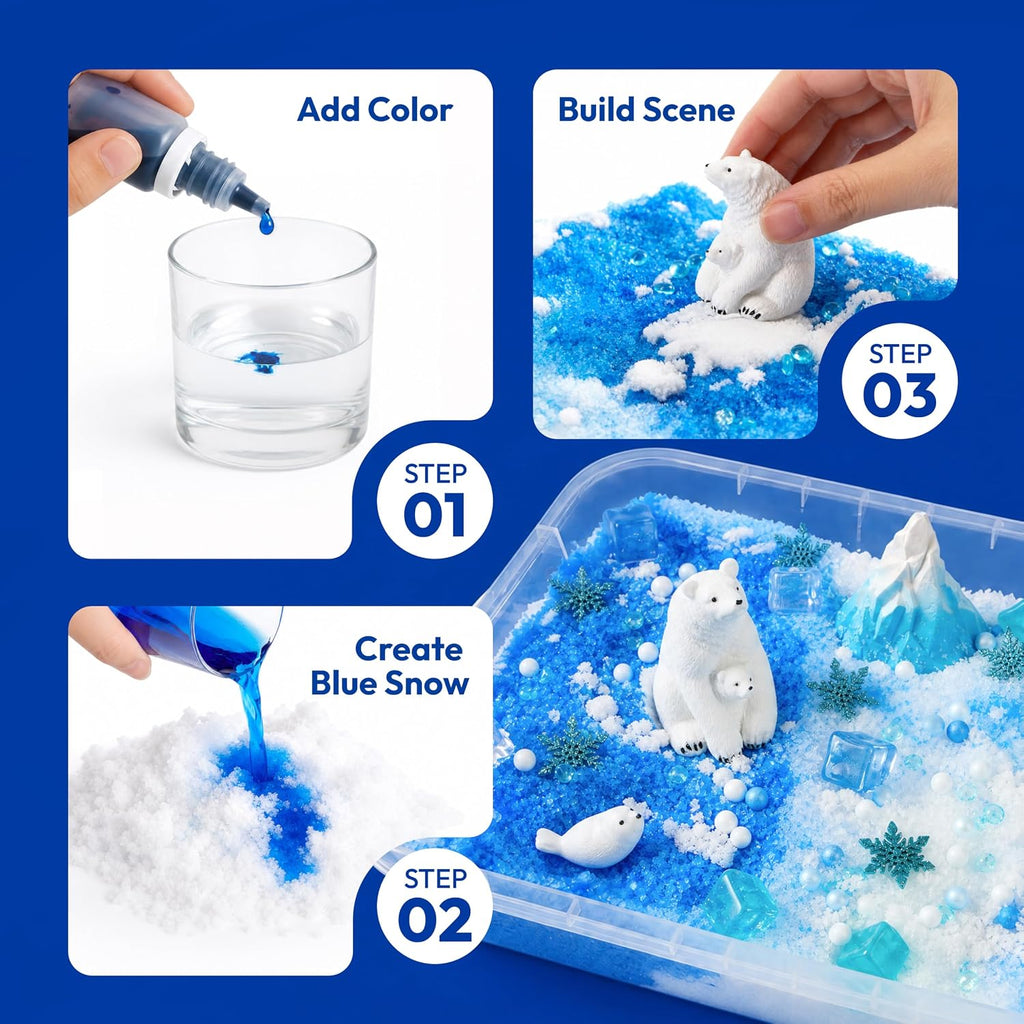 JOVA Klever Kits - Contenedor sensorial de nieve para niños, con piedras que brillan en la oscuridad, kit de nieve falsa del mundo de invierno con figuras de animales árticos