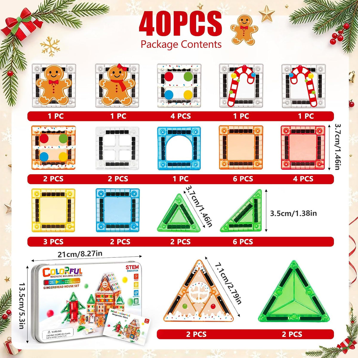 Juego de 40 mini azulejos magnéticos de Navidad, casa de jengibre para