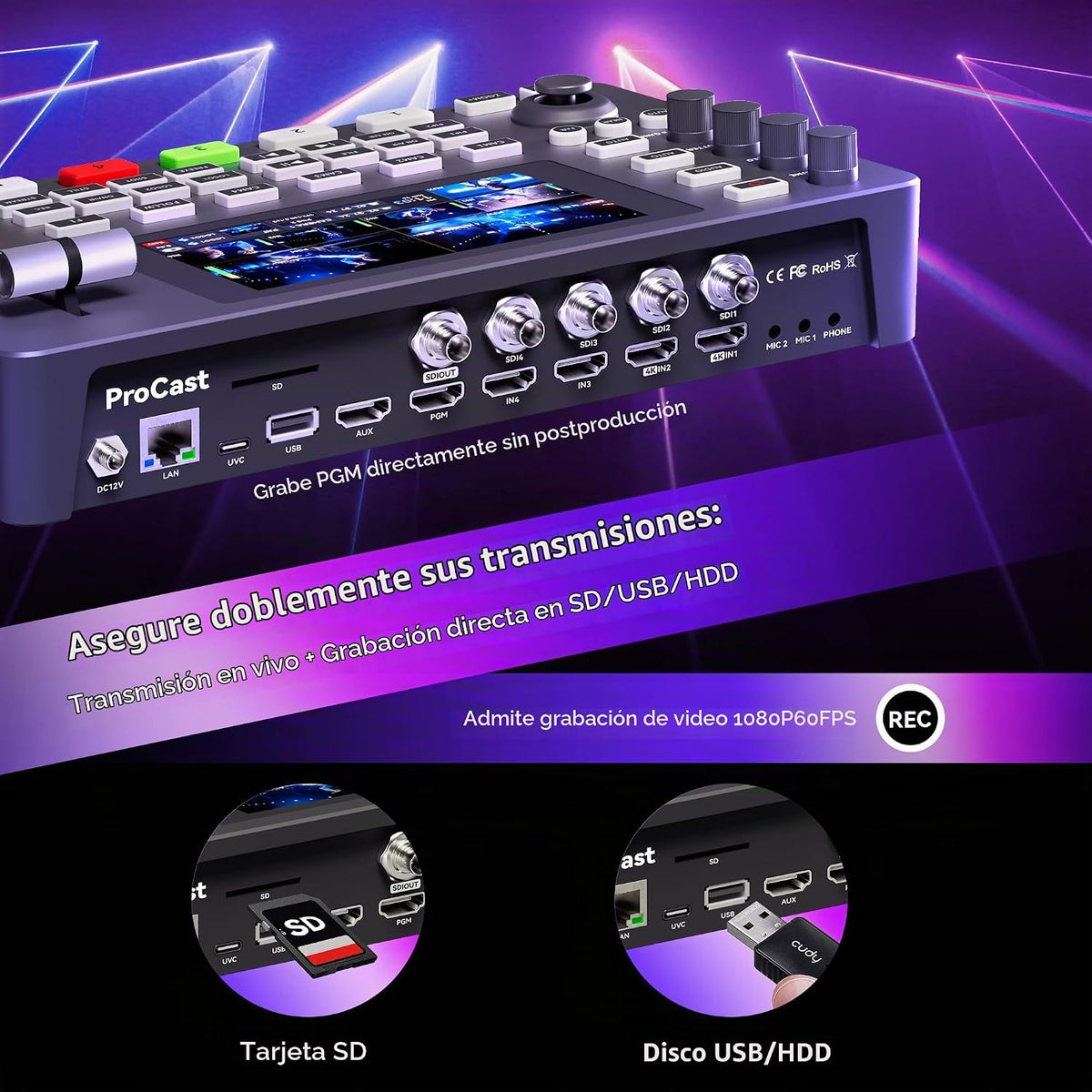 Tenveo - Mezclador de conmutador de video HDMI 4K60FPS, 4 entradas SDI y 4 HDMI, conmutador de transmisión en vivo de 5 canales, pantalla FHD de 5.5 pulgadas, salida 1080P60FPS, grabación USB/SD