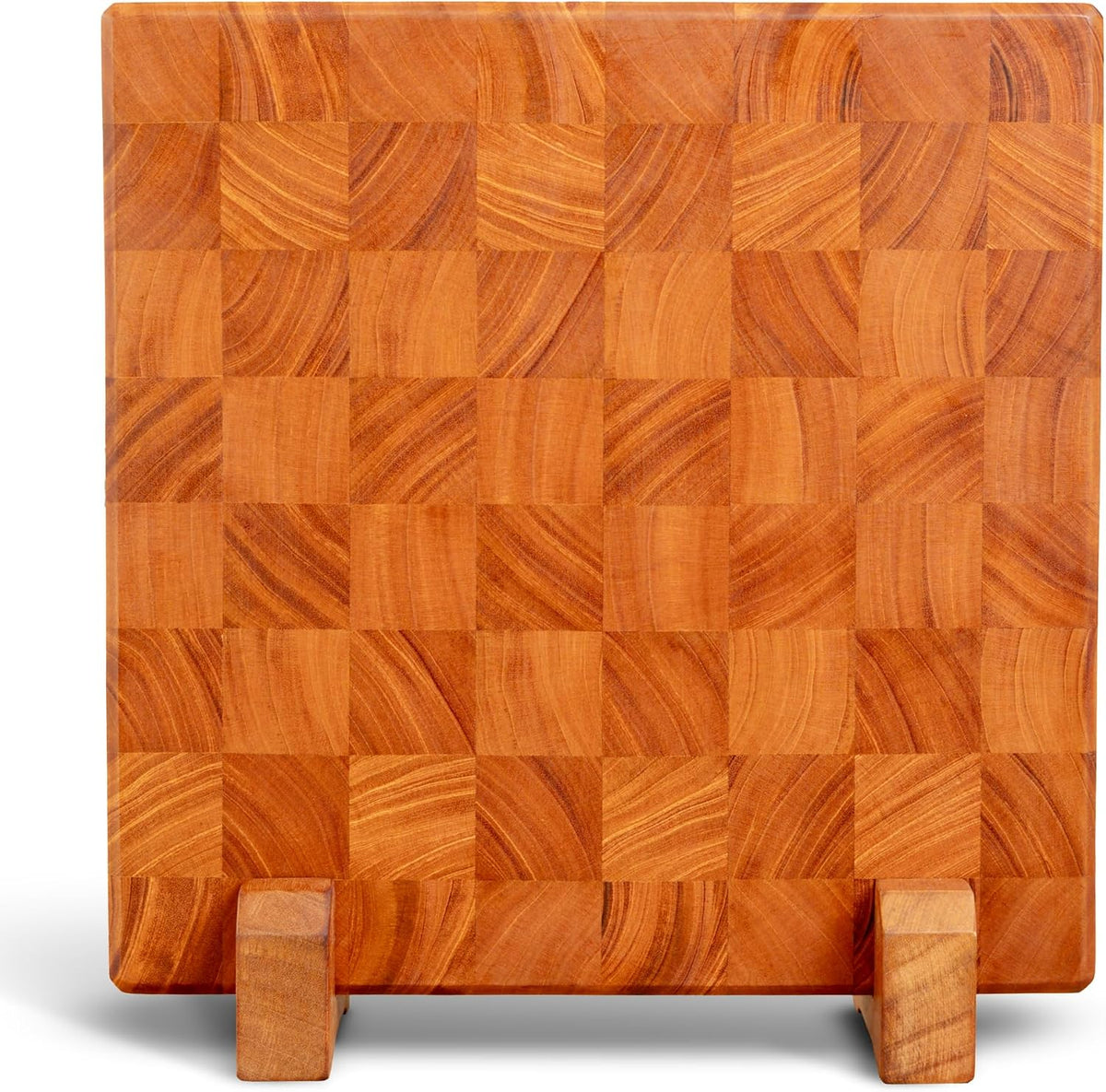 SHUMARU Tabla de cortar de grano final de caoba de 12.6 x 12.6 x 2 pulgadas con soporte, bloque de carnicero a cuadros hecho a mano, apto para cuchillos, pies antideslizantes, asas ergonómicas