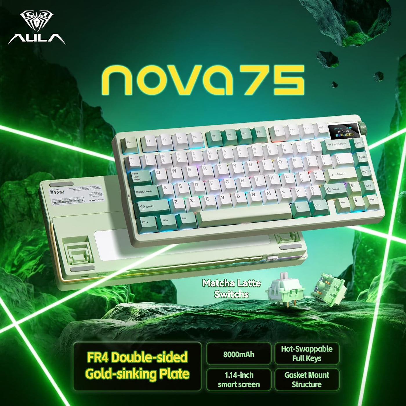 Aula Nova75 - Teclado mecánico cremoso para juegos de 8000 mAh, dis...