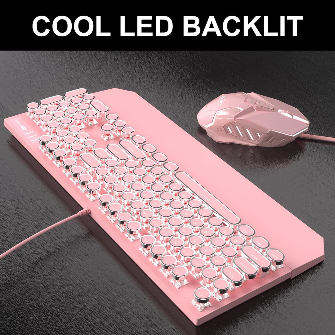 Combo de teclado y mouse estilo máquina de escribir rosa retro, bon...