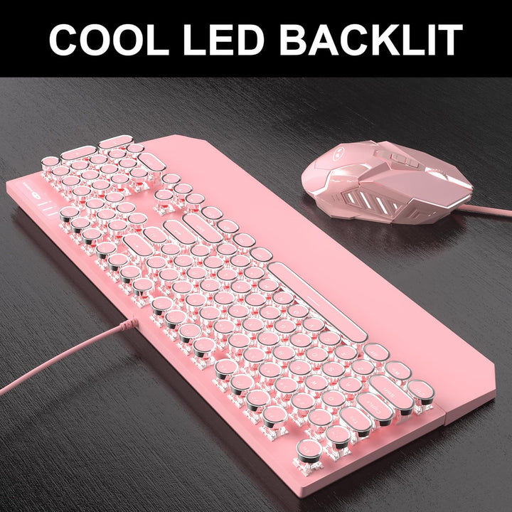 Combo de teclado y mouse estilo máquina de escribir rosa retro, bon...