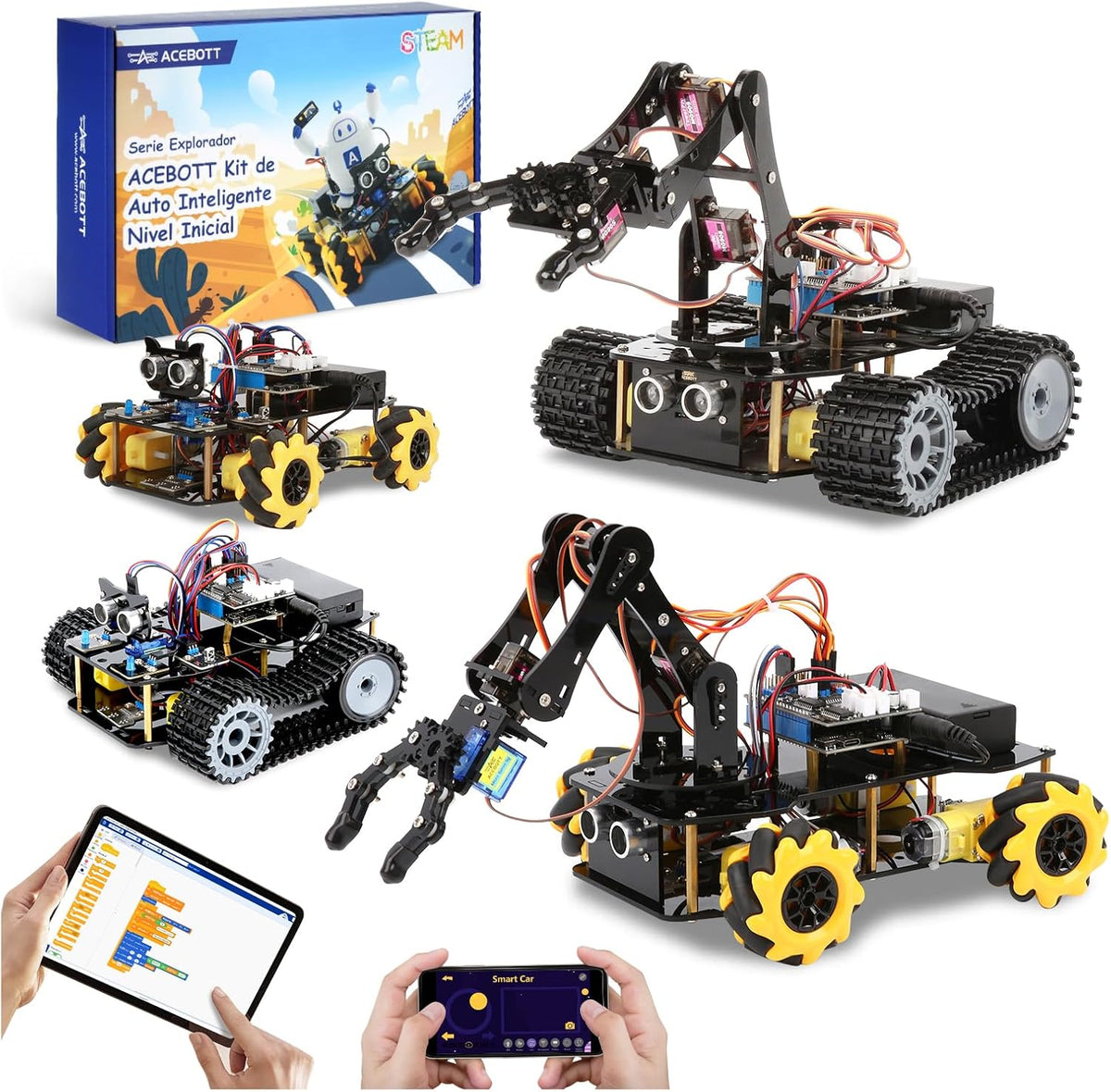 Robótica para niños de 12 a 16 años, brazo robot inteligente ACEBOTT 4 en 1 con 5DOF + auto tanque, kit de codificación de juguetes STEM compatible con Arduino y Scratch, aplicación y control remoto, para niños y adolescentes
