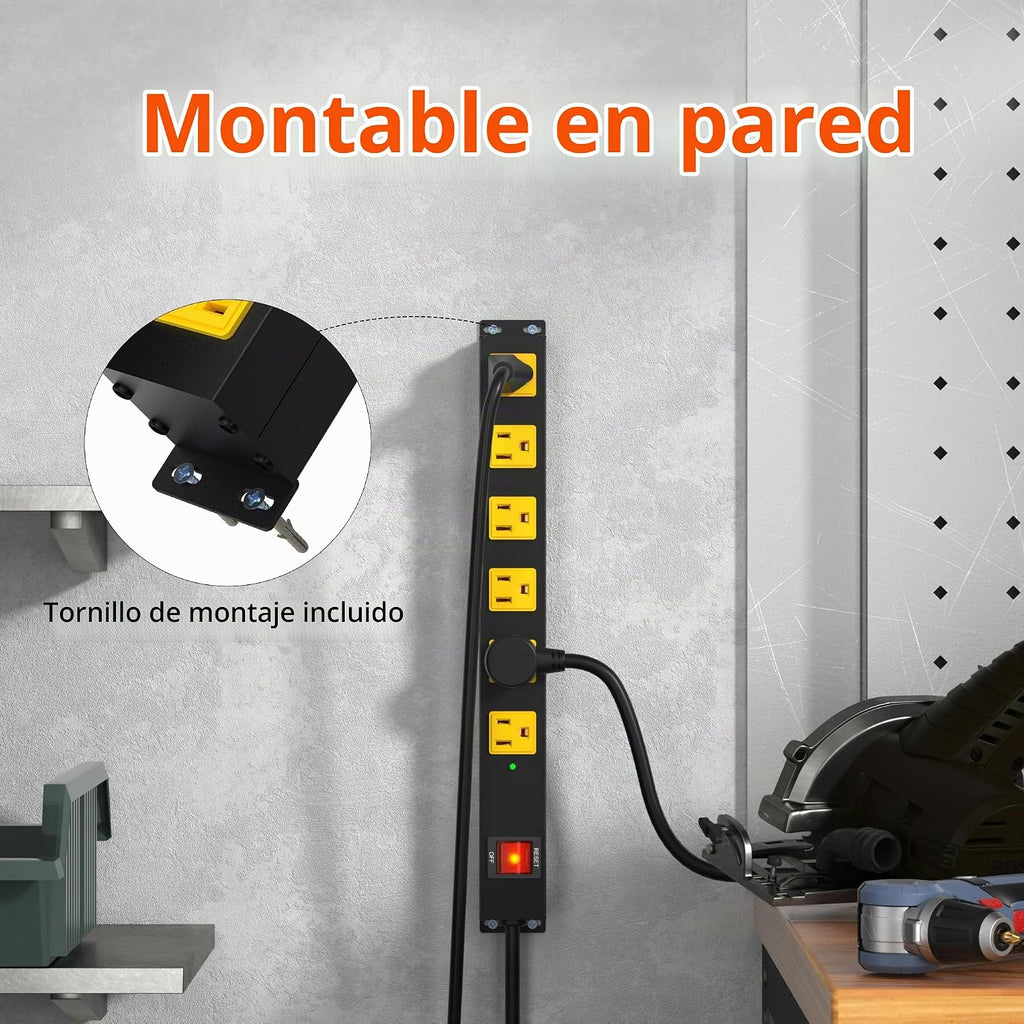 Tira de alimentación larga de metal resistente de 6 tomas, protector de sobretensiones de 2700J con disyuntor de 15 A, cable de extensión de 6 pies, montaje en pared para garaje, taller y uso