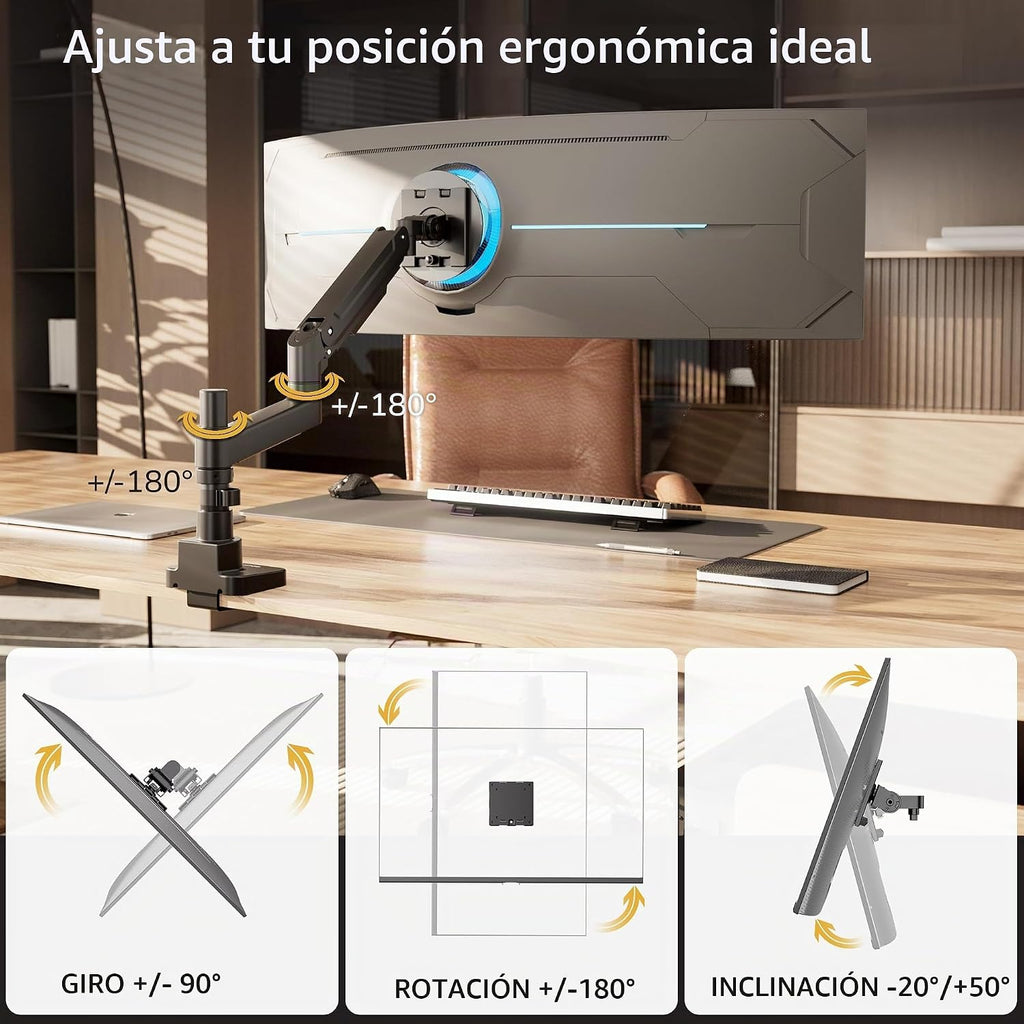 Mount-It! Soporte de escritorio para monitor ultraancho con poste, se adapta a pantallas de 17 a 49 pulgadas, brazo de resorte de gas ajustable en altura resistente, capacidad de 44 libras, movimiento