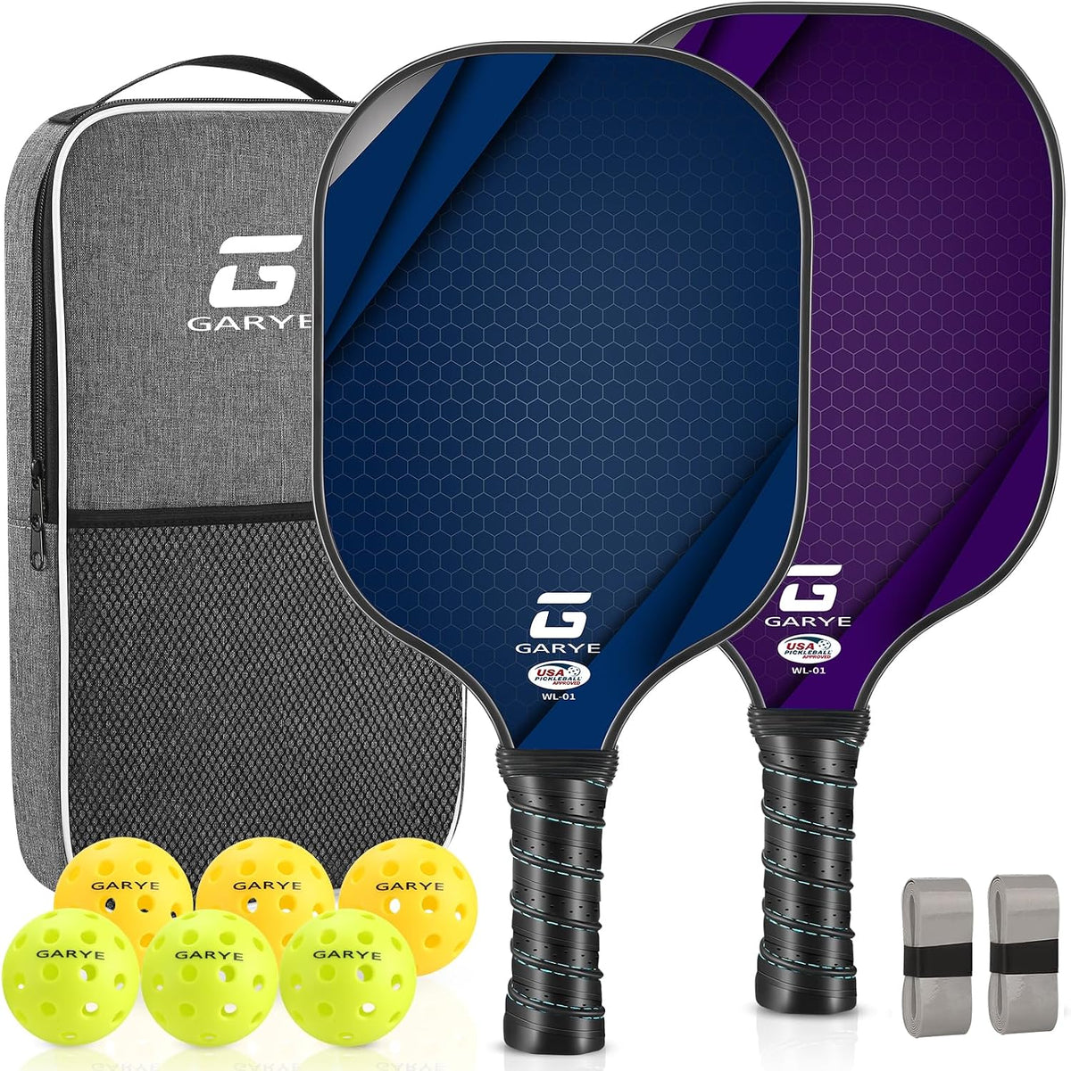 GARYE Juego de 2/4 palas de pickleball aprobadas por USAPA, juego de pickleball de fibra de carbono, raquetas ligeras de pickleball, paquete de 2/4 con 6 bolas, 1 bolsa, par de cintas de agarre