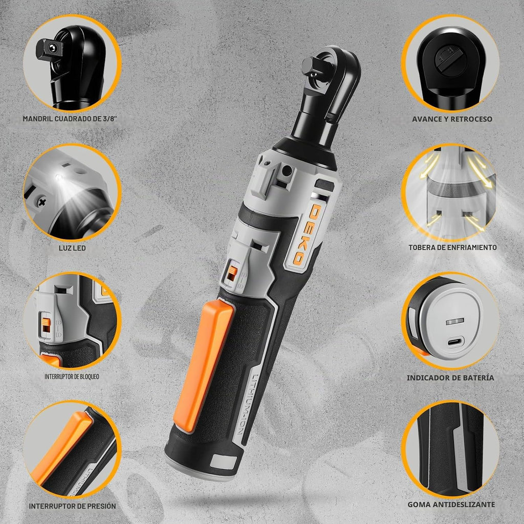 DEKOPRO Juego de llaves de trinquete eléctricas inalámbricas, 19 piezas, kit de herramientas de trinquete eléctrico, llaves de trinquete inalámbricas de 8 V 3/8 pulgadas, velocidad variable con 14