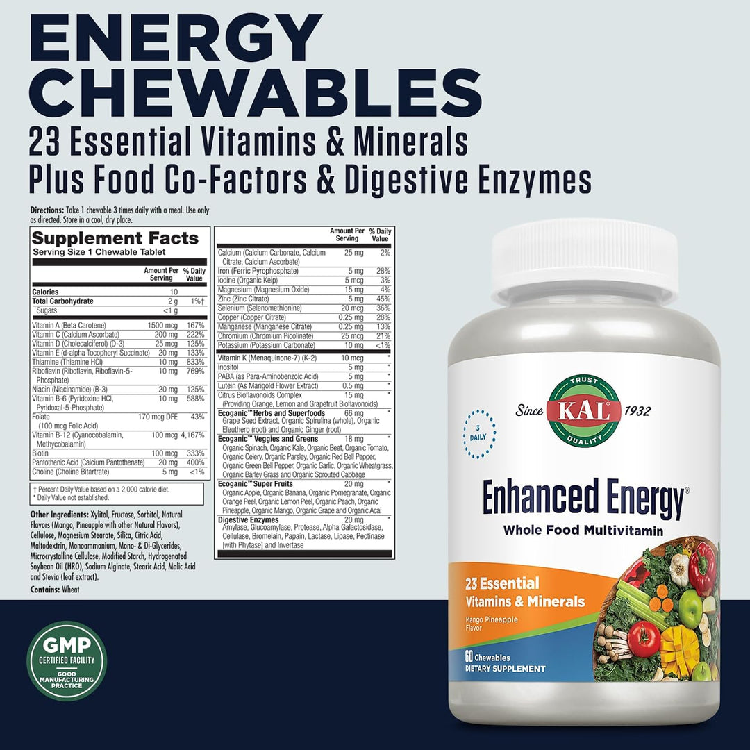 KAL Suplementos energéticos mejorados, multivitamínico masticable d...