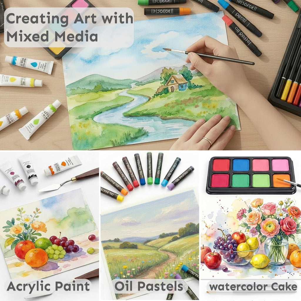 TMOL Suministros de arte, paquete de 175 juegos de arte de lujo, kit de pintura de dibujo con 2 almohadillas de dibujo, pinturas acrílicas, lápices de colores, crayones y kit de arte en estuche de