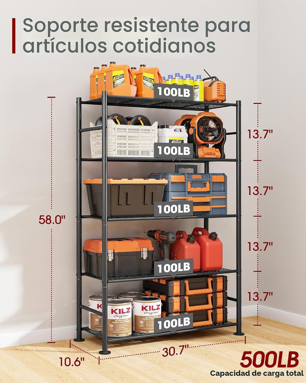 Estantería de garaje de 5 niveles, estantes de almacenamiento de metal resistente, antipunta con patas niveladoras, almacenamiento estable para cocina, despensa y organización de sala de estar