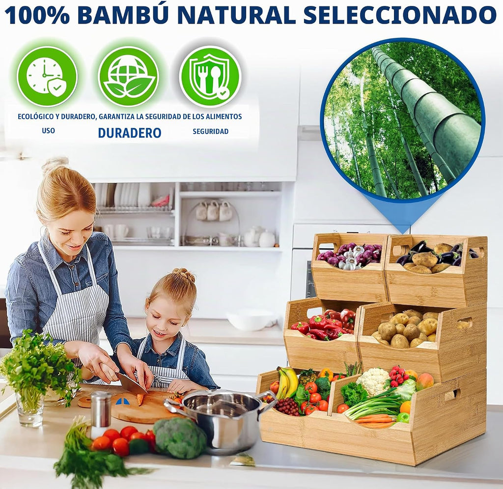 Contenedores de almacenamiento apilables de bambú de 3 niveles, cestas de
