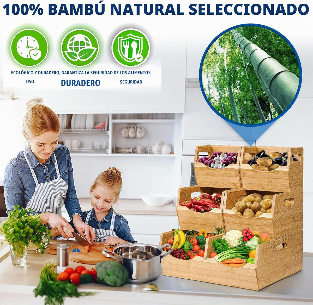 Contenedores de almacenamiento apilables de bambú de 3 niveles, cestas de