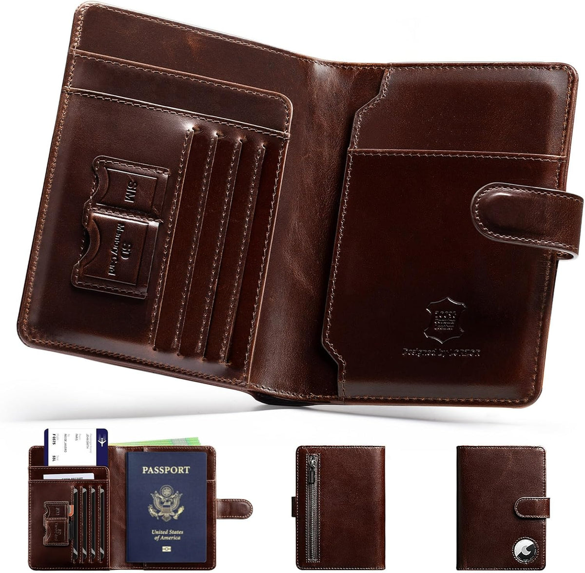 Soporte para pasaporte para viaje: funda de pasaporte de cuero de grano completo con soporte para Airtag hebilla magnética para hombres - Billetera plegable con bloqueo RFID para billete aéreo