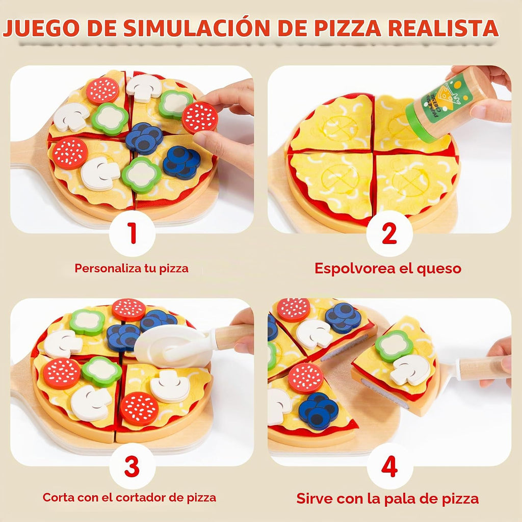 WOODMAM Juego de juguetes de pizza, comida realista Montessori con caja de