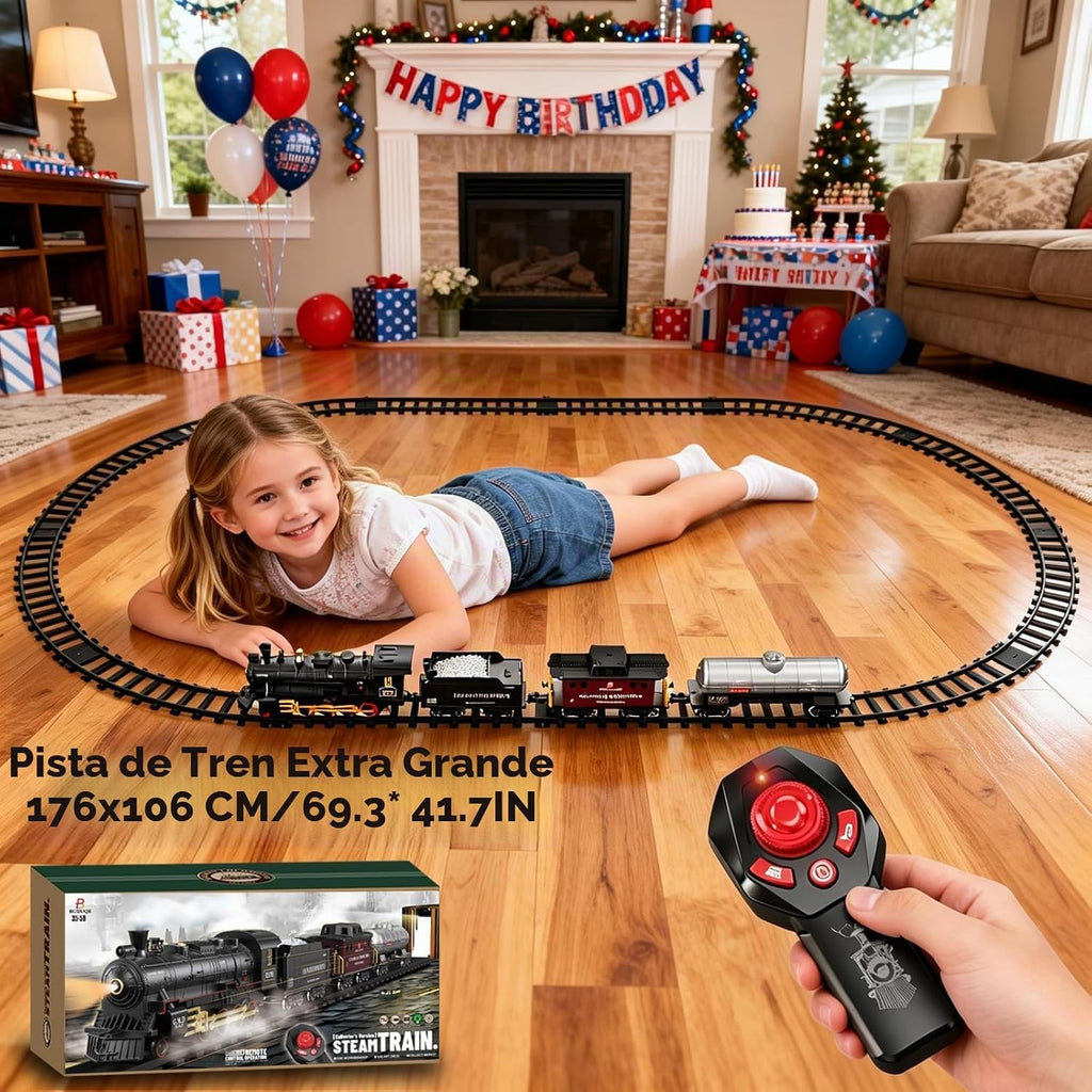 Juego de tren eléctrico a control remoto, locomotora de vapor, vagón de carga y pistas, juguetes de tren para niños con 3 humo, silbato y luces, regalo de cumpleaños de Navidad para niños y niñas de 3, 4, 5, 6, 7