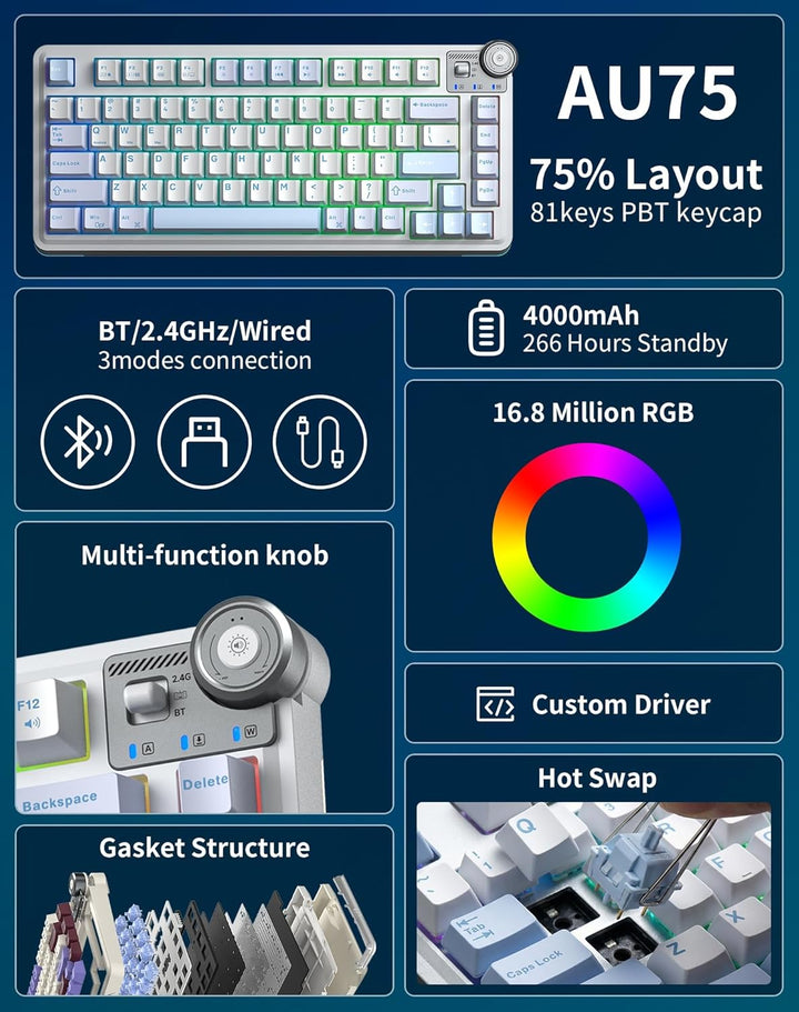 Aula AU75 75% Wireless Gaming Keyboard, Tri-Mode Hot-Swappable Mech...