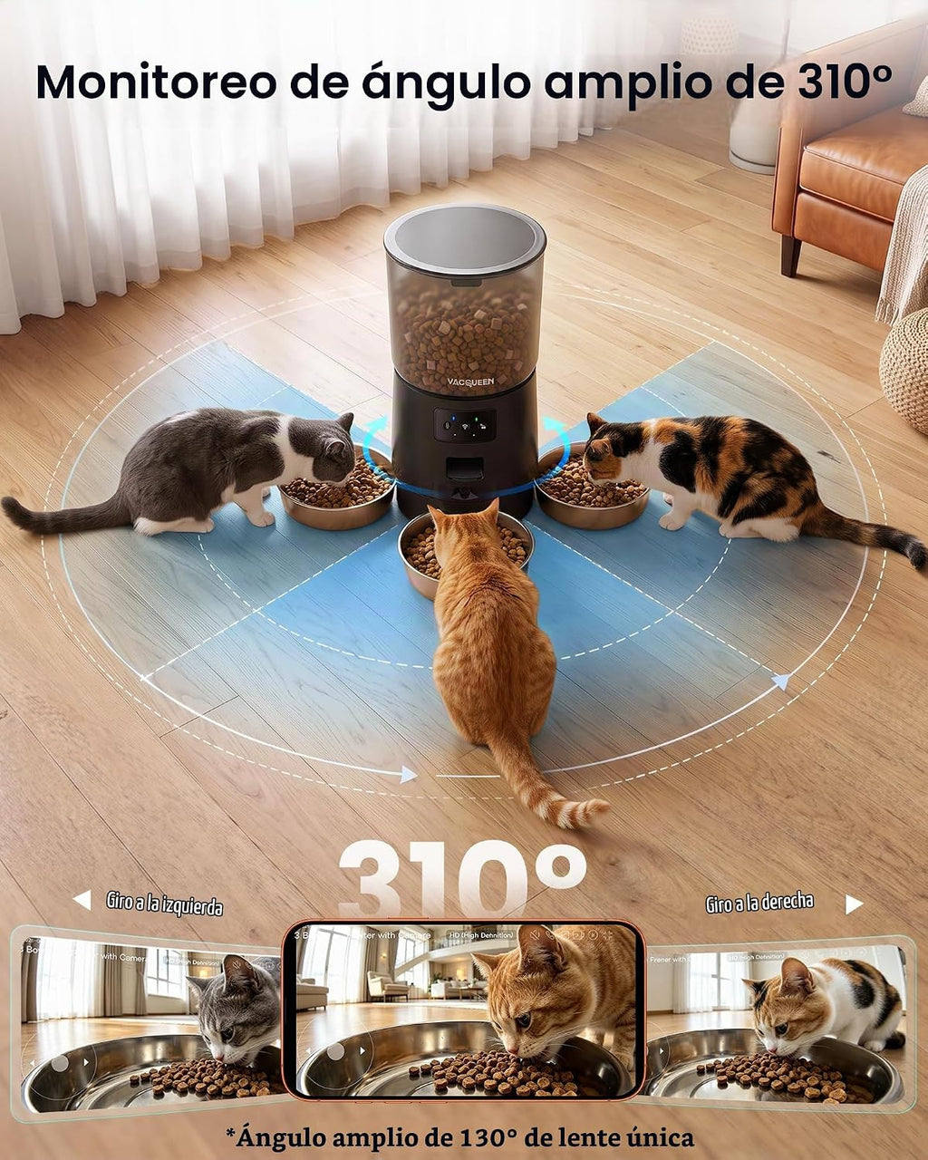Alimentador automático para gatos con cámara para 3 gatos, monitoreo de 310