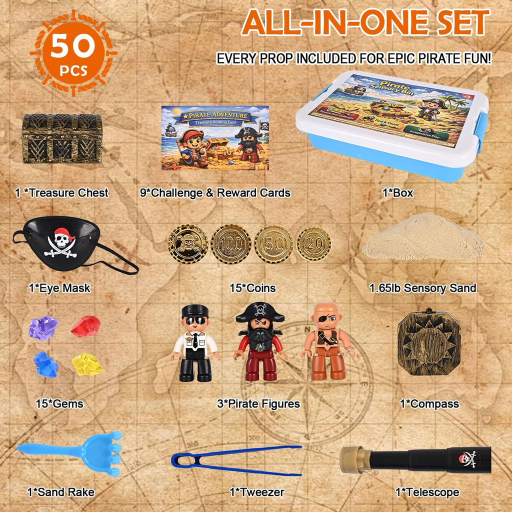 Cofre del tesoro pirata sensorial para niños con arena sensorial
