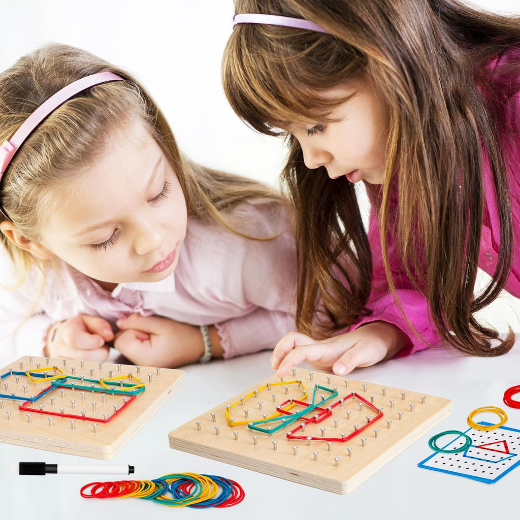 2Pack Tablero Geométrico de Madera, Juguete Montessori, Juguete Educativo Matemático Gráfico para Niños con Tarjetas de Patrones y Bandas de Goma para Figuras y Formas, Rompecabezas STEM Tablero Geo.